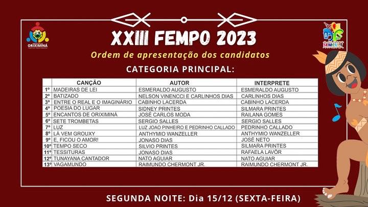 Ordem de Apresentação - Categoria Principal (15/12 - Sexta-feira) Imagem: Milena Soares.